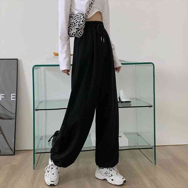 

summer spring high waist womens capris wide leg trousers casual korean elastic loose sports, Black;white