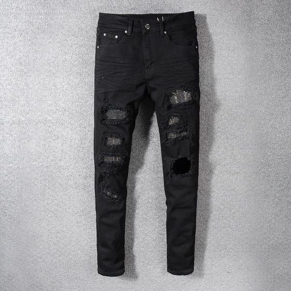 

american streetwear fashion men jeans black color destroyed denim pants hombre ripped brand hip hop skinny homme men's, Blue