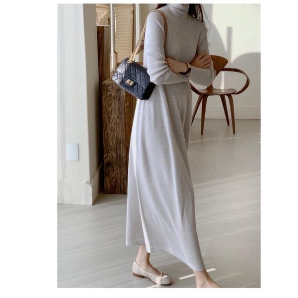 

casual dresses chc solid winter warm 2021 pollover jumper korean sweater dress women knitted woman thick grey vestidos midi, Black;gray