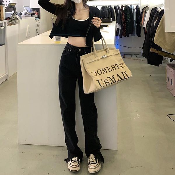 

women's jeans design sense niche split pants autumn loose straight black mopping, Blue