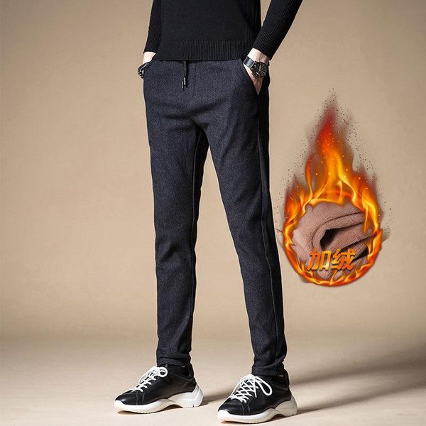 

winter men's slim warm casual pants business fashion classic style cotton stretch tight thicken trousers male brand, Black