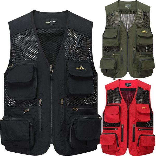 

men's vests 2021 thin mesh multi-pockets vest v-neck zip quick dry frock, Black;white