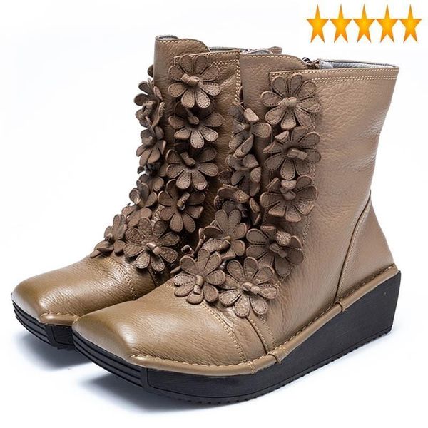 

boots women italy runway wedges flowers winter ankle gothic sequre toe casual genuine leather shoes 2021 punk platform, Black