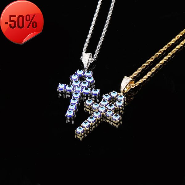 

full zircon turkey blue eye anher cross pendant egyptian key of life necklace hip hop jewelry, Silver
