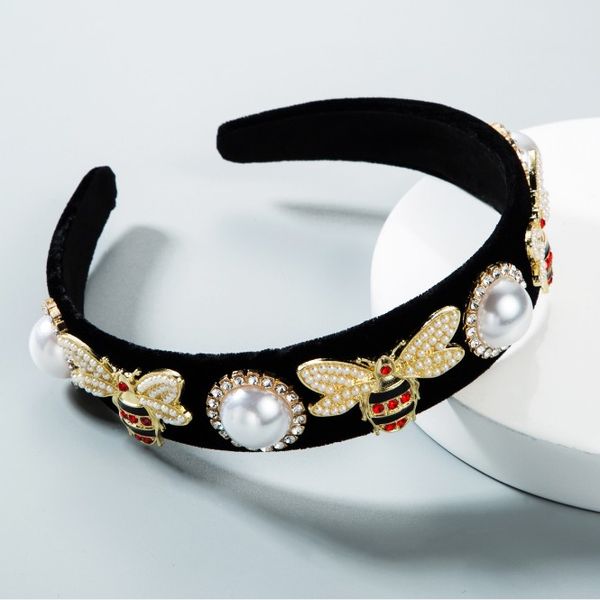 Mädchen-Strass-Bienen-Haarstäbchen, europäisch-amerikanischer Retro-Stil, barocker Diamant-Bienen-Stirnband mit breiter Krempe für Damen, Samt-Legierung, Perlen-Kopfbedeckung S1087