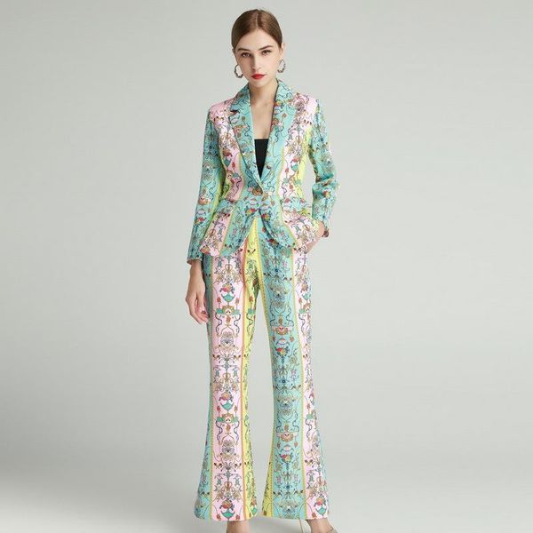 

ladies 2 pieces office suits runway fashion autumn winter blazers+flare long pants floral print elegant sets women's two piece, White