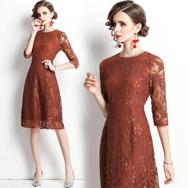 

casual dresses simgent lace dress women three quarter sleeve a line one neck knee length elegant robe femme vestidos sg1962, Black;gray