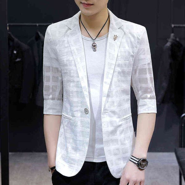 

luxury suits blaze men's summer ultra-thin five point korean slim fit medium sleeve small suit coat fashion handsome cloth, Black