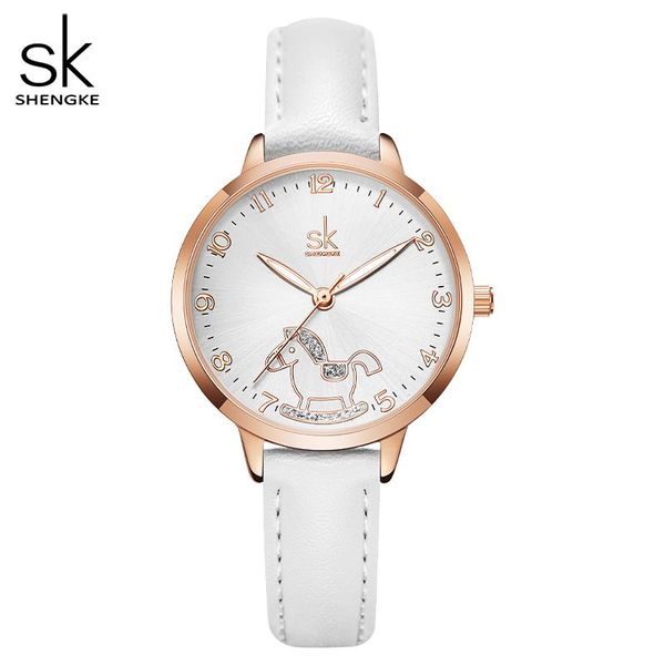 

wristwatches shengke women watches with romantic trojan dial pure white band luminous function 6 months warranty zegarek damski sk9027, Slivery;brown