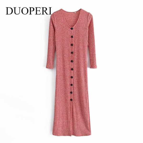 

casual dresses duoperi 2021 women fashion single breasted solid knitted midi dress long sleeve v-neck vintage female woman robe, Black;gray
