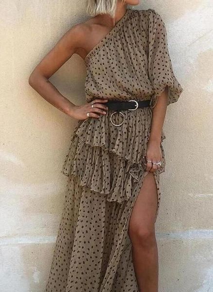 

elegant summer dot print chiffon beach dress women off shoulder irregular ruffle design party ladies fashion casual dresses, Black;gray