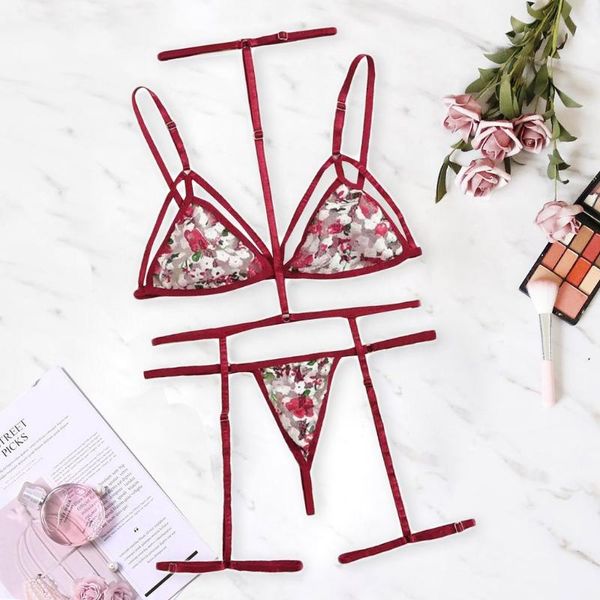 

bras sets lingerie fashion women v-neck bra +thong flower embroidered set underwear s-2xl night, Red;black