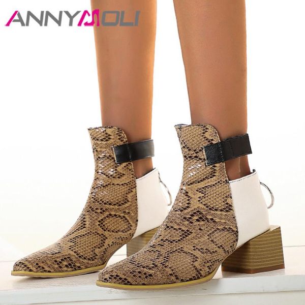 

boots annymoli snake print pointed toe woman high heel ankle block short zip female shoes autumn winter size 46, Black