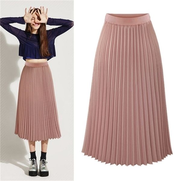 

pink pleated skirt women plus size atumn elegant white high waist long skirt black casual ladies chiffon skirt mujer faldas 210401