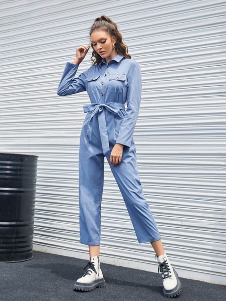 

flap pocket belted jumpsuit 635p#, White