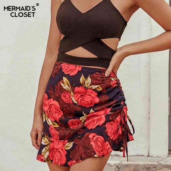 

skirts summer high waist floral print women casual shirring mini elastic female a line beach short hx51, Black