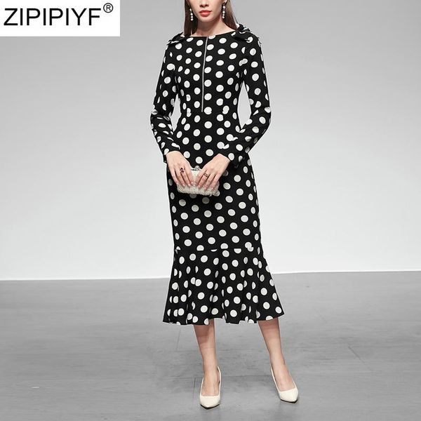 

summer fashion women maxi dress o-neck long sleeve dot printed casual slim dresses high waist mid-calf mermaid vestidos, Black;gray