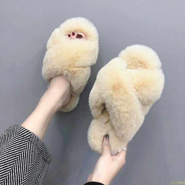 

slippers 2021 winter women indoor home shoes fur warm woman house ladies slip on flats female, Black