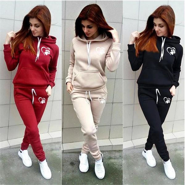 

women's two piece pants 2021 autumn/winter tracksuit 2 pieces hoodies fashion dog printed solid color warm casual sets, White