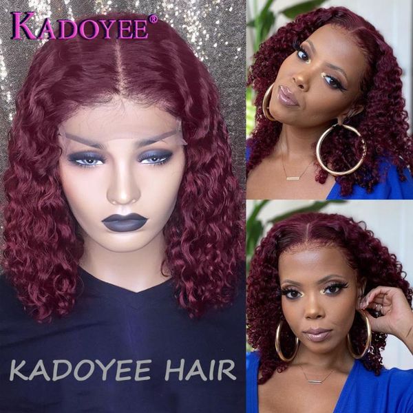 

lace wigs burgundy short bob curly wig 4x4 closure human hair with baby brazilian 99j middle t part 150% remy, Black;brown