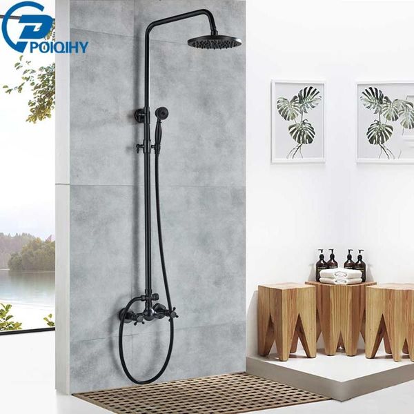 

black shower faucet set dual handle rainfall bathroom mixer wall mounted brass sliding bar system sets