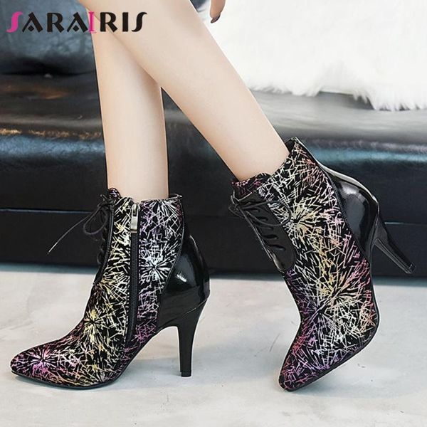 

boots sarairis big size 32-43 female autumn party office ankle women pointed toe spike high heels shoelace shoes woman, Black