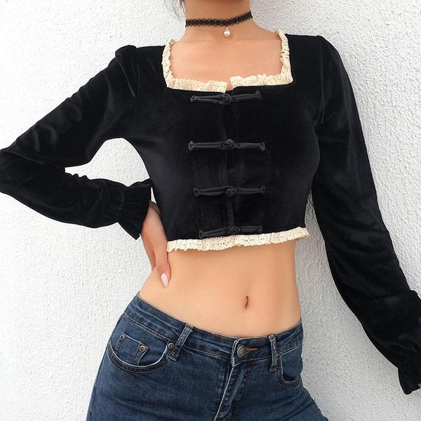 

women's t-shirt zoulv 2021 spring vintage velour t shirt autumn crop lace patchwork pankou women t-shirts square neck elegant clothes, White