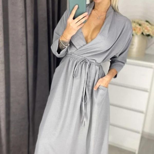 

casual dresses women a line sashes long dress v-neck front pockets three quarter sleeve autumn vintage ol fashion, Black;gray