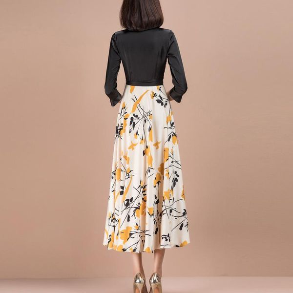 

casual dresses 2021 spring elegant three quarter sleeve v neck floral chiffon patchwork a line dress, Black;gray