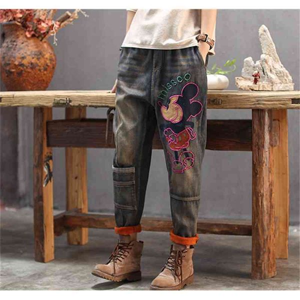 

women's jeans autumn and winter retro loose wild large size old plus velvet thick embroidery denim casual trousers women 192x, Blue