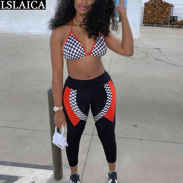 

two piece set women plaid print halter spaghetti strap sleeveless crop and ankle-length pants tracksuit pantalones 210520, White