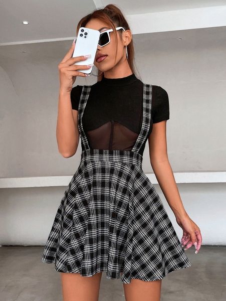 

plaid print flare hem pinafore skirt without tee j8fs#, Black