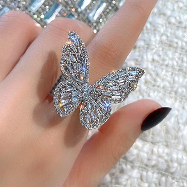 

cluster rings luxury zircon crystal butterfly for women sliver color open adjustable shine ring weddings party jewelry gifts, Golden;silver