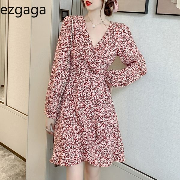 

ezgaga elegant dress women floral printed v-neck long sleeve spring fashion korean slim high waist bandage dresses vestidos 210430, Black;gray