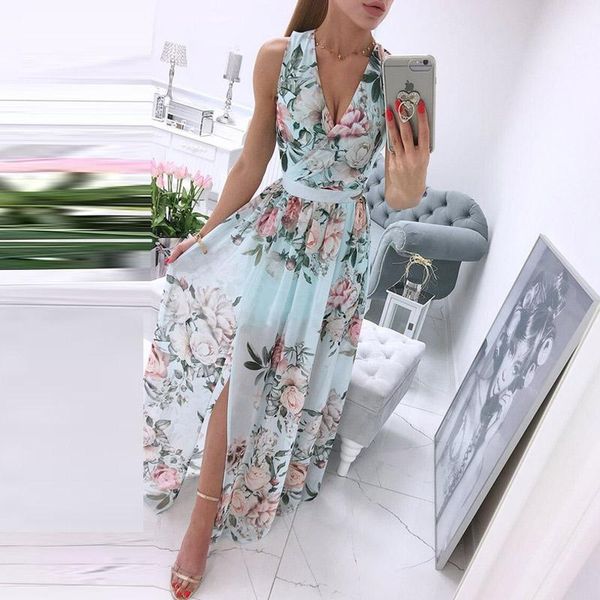 

casual dresses elegant floral print chiffon long dress women 2021 summer deep v-neck split party lady sleeveless maxi beach, Black;gray