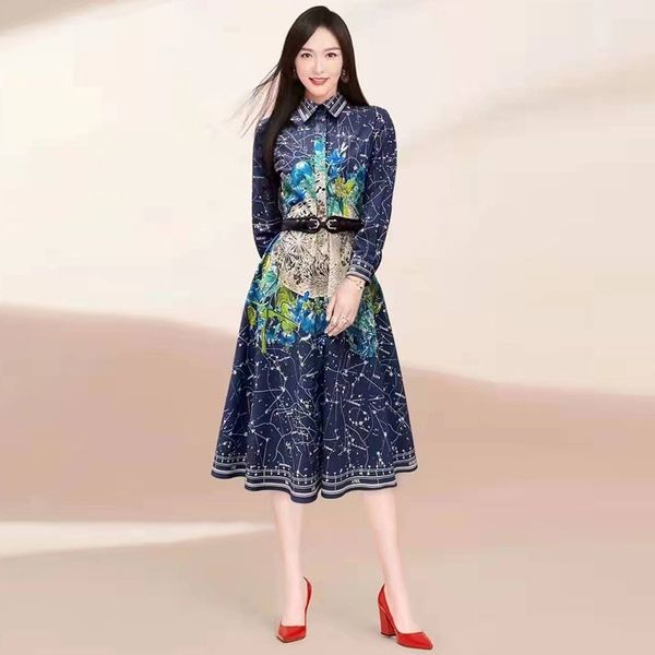 

225 2021 runway dress spring summer dress brand same style empire long sleeve crew neck flora print as, Black