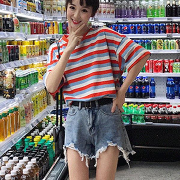 

women's t-shirt 2021 summer striped women t- shirts o-neck short sleeve korean fashion vintage hit color harajuku yy490, White