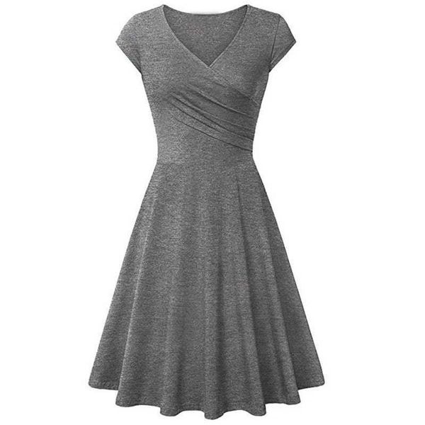 

casual women's solid color summer slim swing dress 2021 plus size office versatile mini dress retro v-neck beach dresses y0603, Black;gray