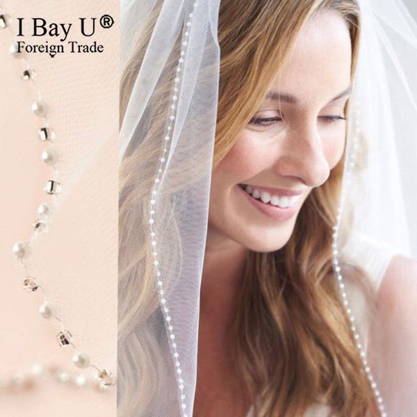 

bridal veils veu de noiva 1 layer crystal white ivory pearl wedding veil for bride rhinestone fingertip length bead edge comb, Black