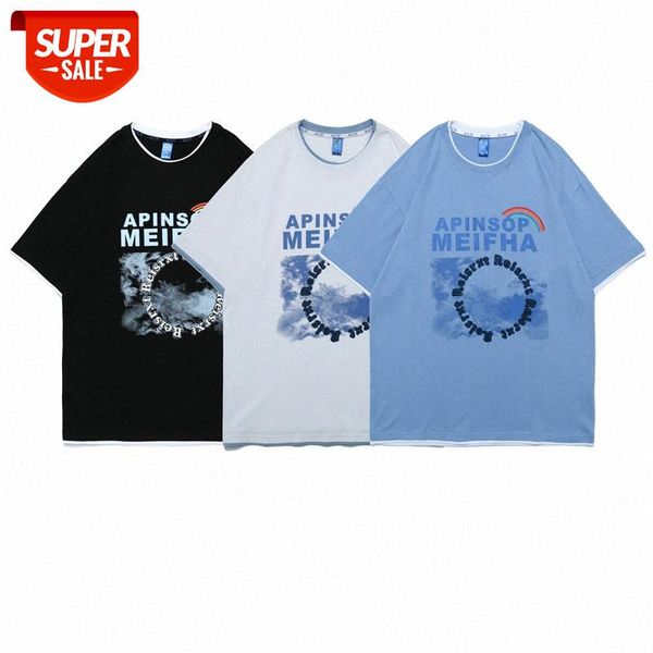 

japanese short-sleeved fake two-piece couple t-shirt round neck loose hong kong flavor shirt men's half-sleeved #hd2k, White;black