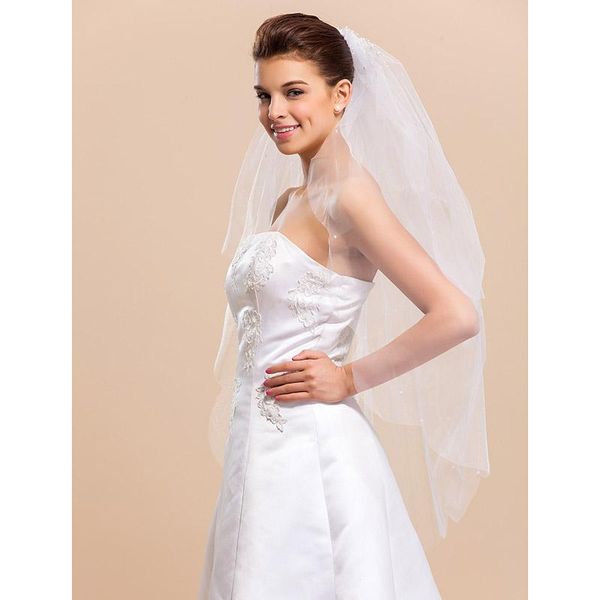 

bridal veils lan ting bridetwo-tier cut edge scalloped wedding veil fingertip 53 pearl 39.37 in (100cm) tulle a-line, ball gown, Black