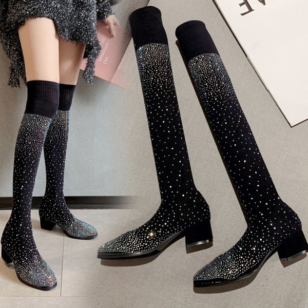 

boots 2021 winter head stilettos elastic socks thin women's on knee, Black