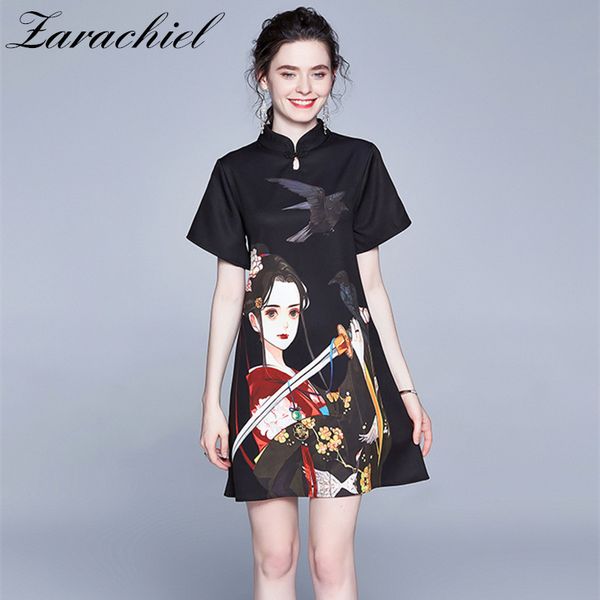 

dresses summer black cartoon young girls fashion loose women's vintage casual party a-line cheongsam qipao es, Black;gray
