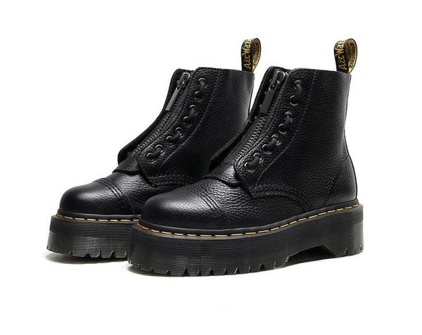 

boots women genuine leather british thick-soled front zipper pull cowhide pebbled short mujer, Black