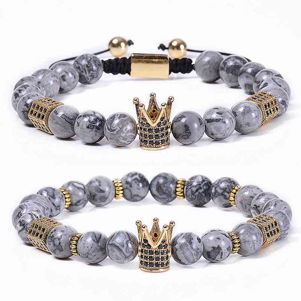 

fashion diy hand jewelry 2pcs/set 8mm natural map stone zircon crown charm bracelet adjustable macrame black cz crown bracelet, Golden;silver