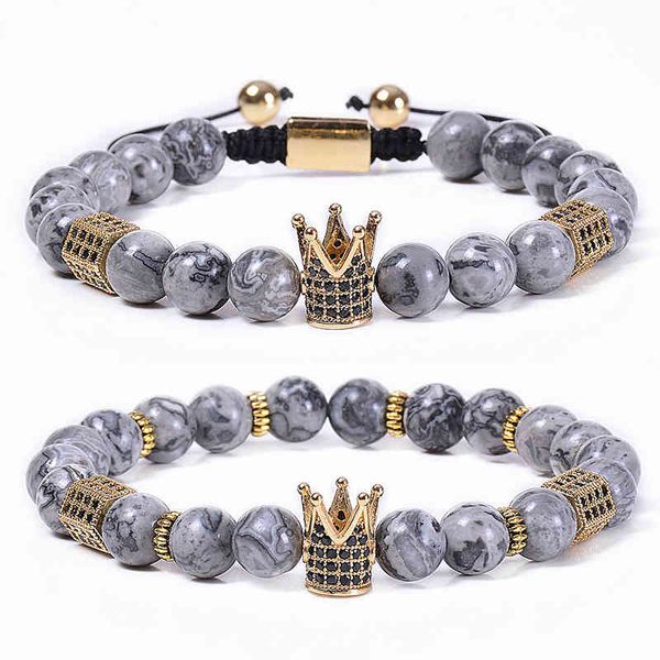 Moda fai da te gioielli a mano 2 pezzi / set 8mm mappa naturale pietra zircone corona braccialetto di fascino regolabile Macrame nero CZ corona braccialetto