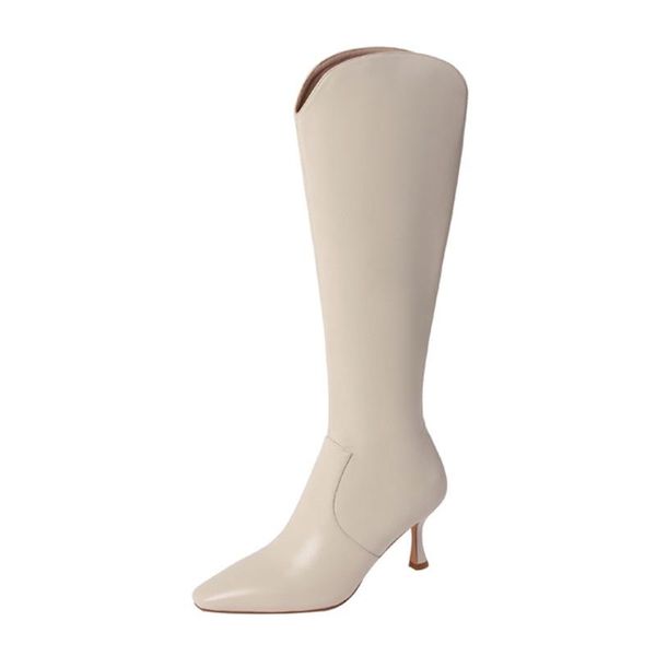 

boots 2021 celebrity slim heel below the knee elastic thin side zipper high pointed plush heels, Black
