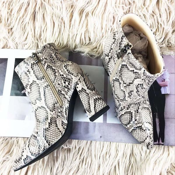

boots fashion snake print square heel female ankle zipper pointed toe autumn winter woman short, Black