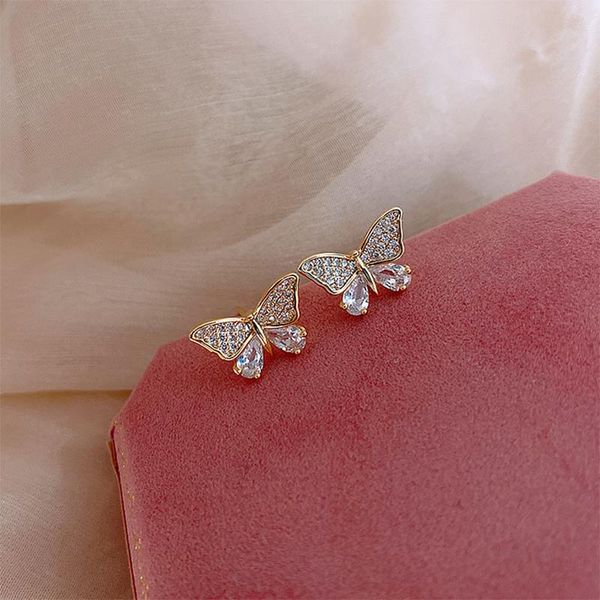 

gold color butterfly shaped crystal rhinestone stud earrings cute simple alloy brincos female jewelry, Golden;silver