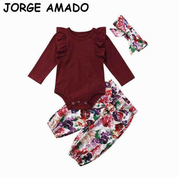 Bebé Sets Borgonha Manga Longa Romper + Calças Florais + Headbands 3 peças Terno Roupas E7 210610